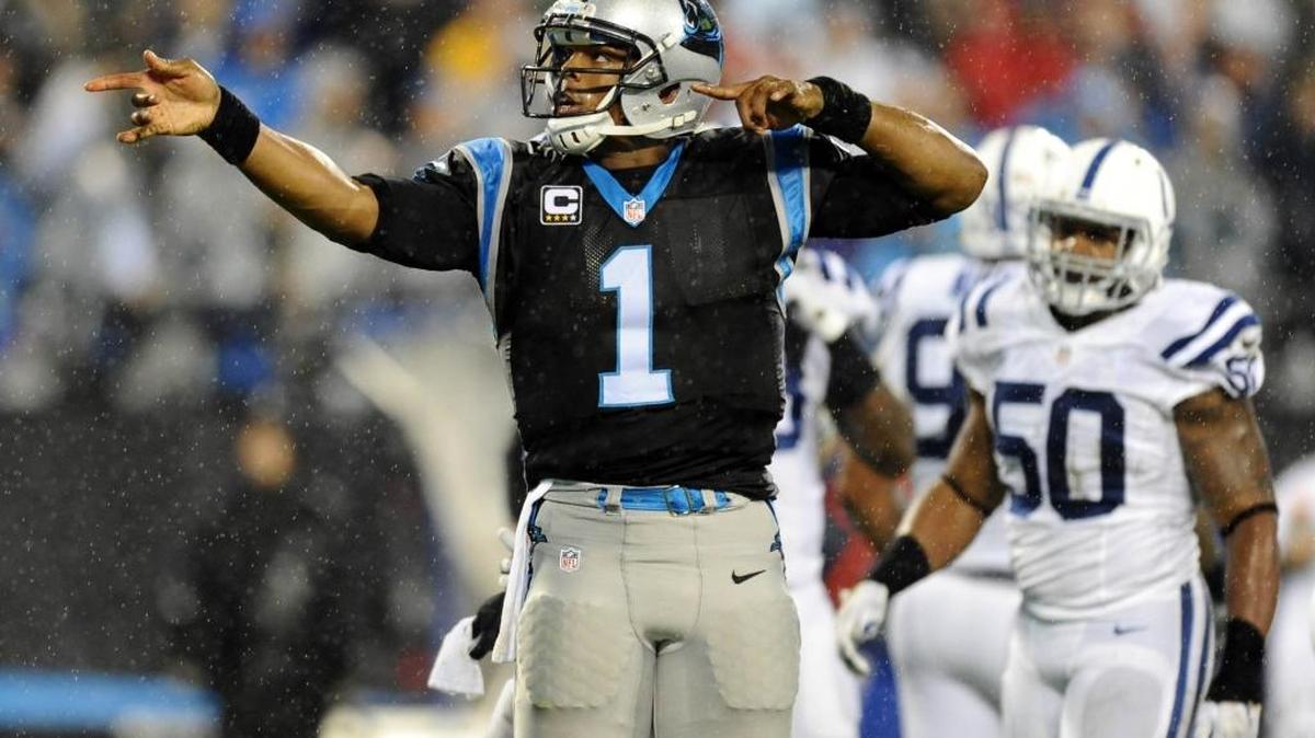 Carolina Panthers' Cam Newton (1) signals a 1st down against the Indianapolis Colts in the first quarter at Bank of America Stadium on Monday, November 2, 2015. Panthers led 10-0 in the first quarter.