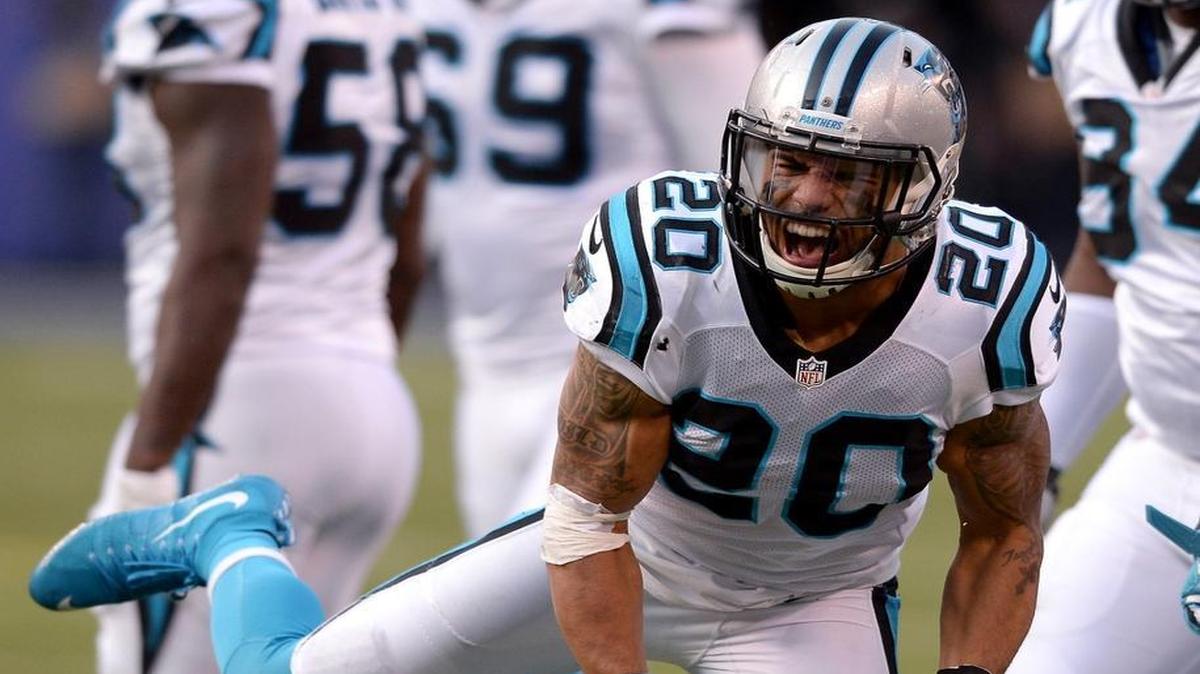 Carolina Panthers safety Kurt Coleman celebrates a play by the defense vs the New York Giants during third quarter action at MetLife Stadium in East Rutherford, NJ on Sunday, December 20, 2015.