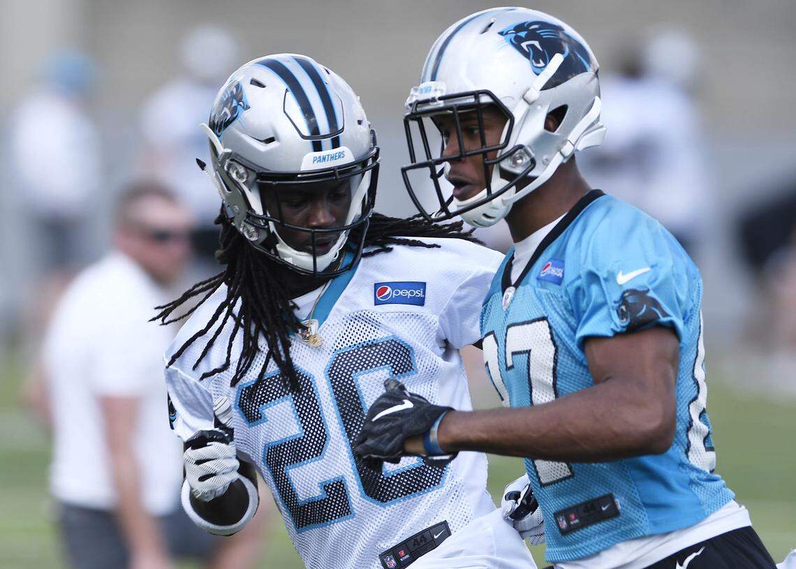 Carolina Panthers Donte Jackson (26) defends Phil Mayhue (87) during a drill on Day 1 of the Carolina Panthers’ rookie mini camp on Friday, May 11, 2018.