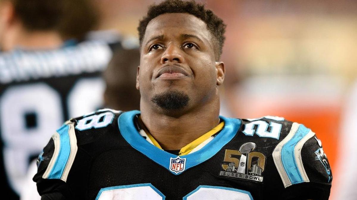 Carolina Panthers running back Jonathan Stewart on the sideline during the fourth quarter of the Super Bowl in Santa Clara, Calif., where he injured his left foot in the first quarter. He was still experiencing soreness on Tuesday during organized team activities.