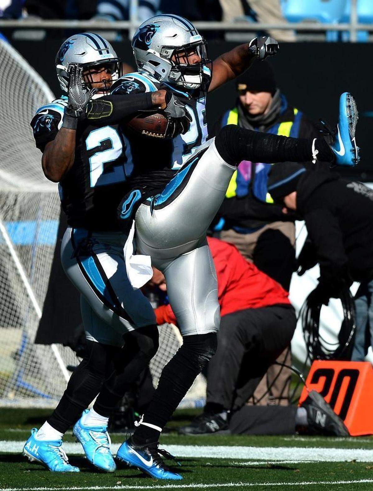 Carolina Panthers cornerback Daryl Worley, right, celebrates his interception of a pass by Minnesota Vikings quarterback Case Keenum during the first quarter on Sunday, Dec. 10, 2017 at Bank of America Stadium.
