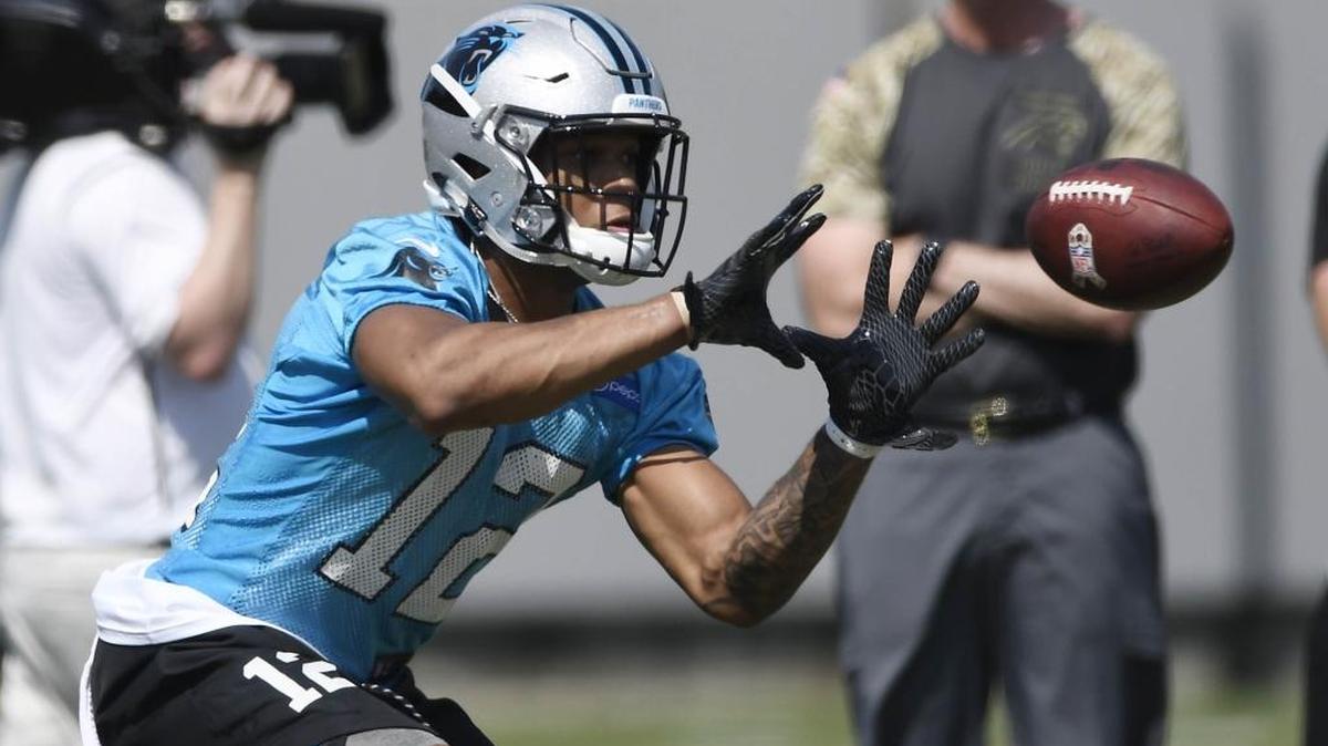 Receiver D.J. Moore makes a reception during Day 1 of the Carolina Panthers’ rookie mini camp on Friday.