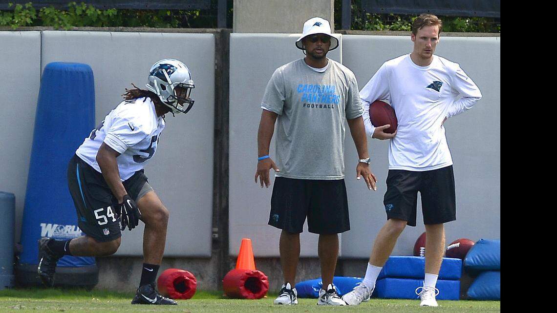 
Carolina Panthers linebacker Shaq Thompson, left, breaks on a play during a drill at practice on Thursday, June 11, 2015.
