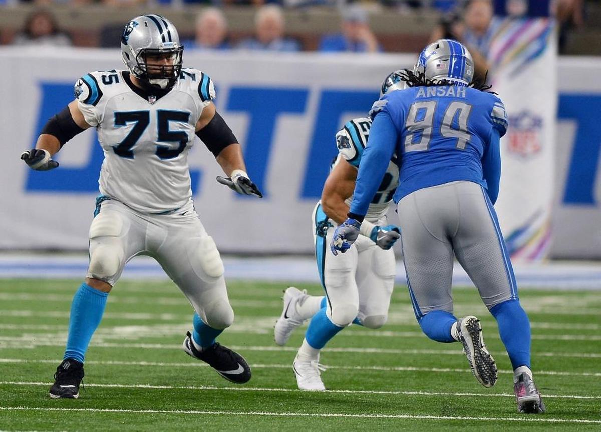 Carolina Panthers tackle Matt Kalil (75) has an unenviable task, facing the best of the best of the NFL’s pass rushers each week, including Detroit Lions defensive end Ziggy Ansah.