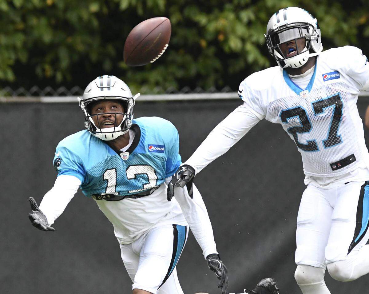Carolina Panthers wide receiver Jarius Wright (left in file photo) had three nice catches on the same drive in Sunday’s training camp practice. He also caught a deep pass from quarterback Cam Newton for a touchdown on a day when Wright and Greg Olsen were Newton’s favorite targets.