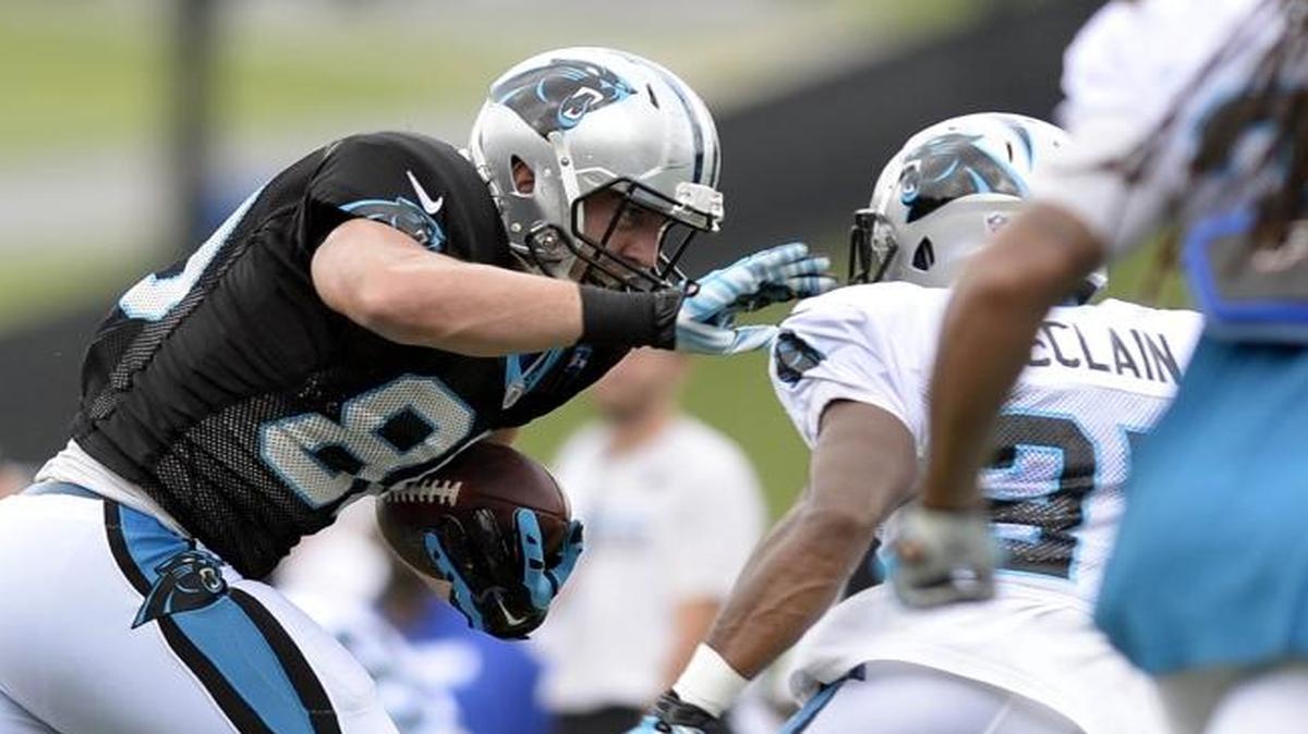 In a group of younger tight ends for the Carolina Panthers, Scott Simonson (80) is establishing himself as a veteran with a roster spot behind Greg Olsen and Ed Dickson.