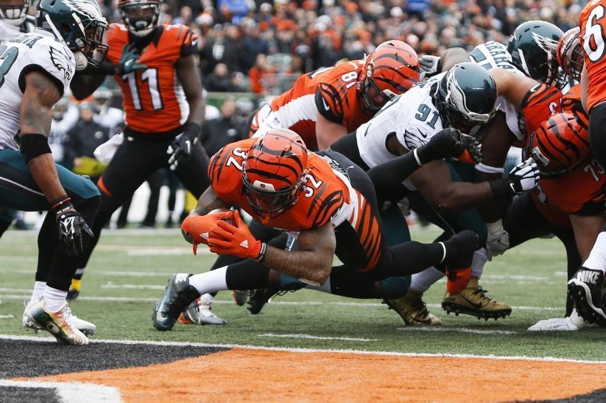 Cincinnati Bengals running back Jeremy Hill (32) could be a resonably priced complement to Panthers running back Christian McCaffrey.