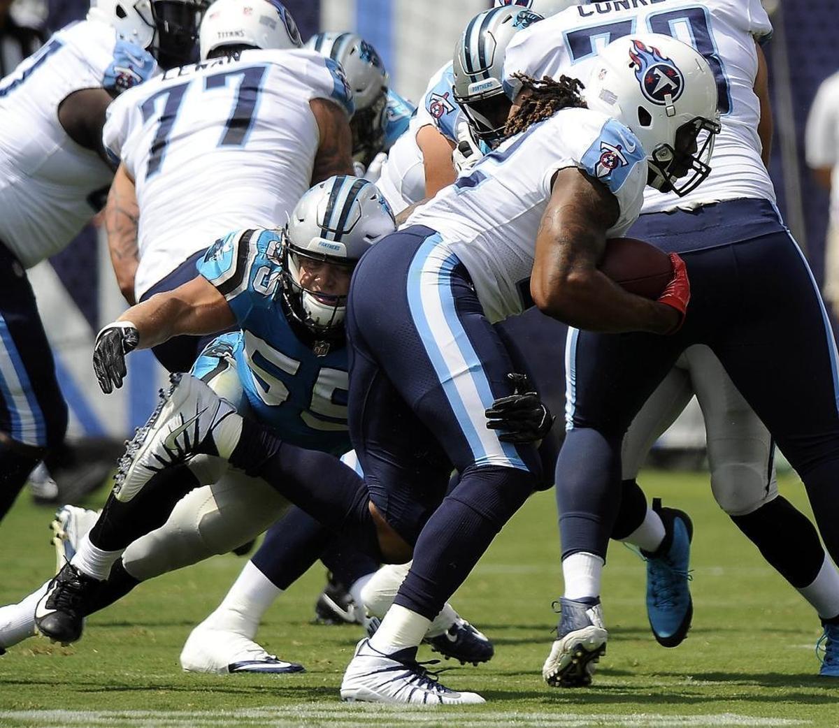 Carolina Panthers linebacker David Mayo (55) , starting in place of Luke Kuechly, finished with a team-high 10 tackles, a tackle for loss and a pass defensed in about three quarters of play.