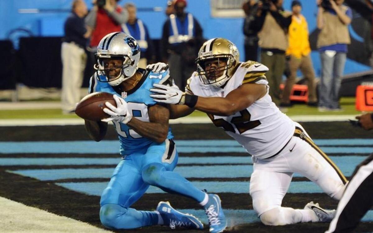 Ted Ginn Jr.’s catch was originally ruled an incompletion, but replay confirmed he got both feet inbounds for this second-quarter touchdown in front of New Orleans Saints linebacker Craig Robertson on Thursday night at Bank of America Stadium.