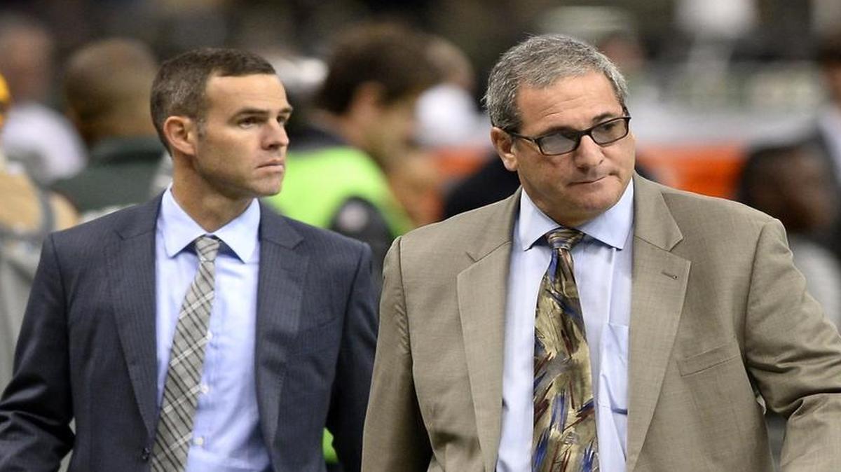 Carolina Panthers assistant general manager Brandon Beane (left), shown with Carolina GM Dave Gettleman, will interview this week for the Buffalo Bills’ general manager job.