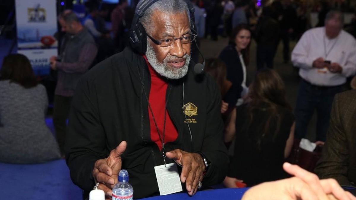 Former NFL and Kansas City Chiefs player Bobby Bell visits the SiriusXM set at Super Bowl 50 Radio Row at the Moscone Center Thursday in San Francisco.