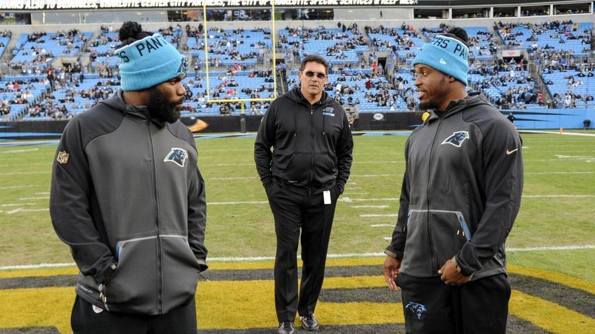 Carolina Panthers running back Jonathan Stewart, right, told the Observer on Monday he plans to play Sunday against the Seattle Seahawks. Panthers head coach Ron Rivera (center) isn’t as certain about Fozzy Whittaker, left.