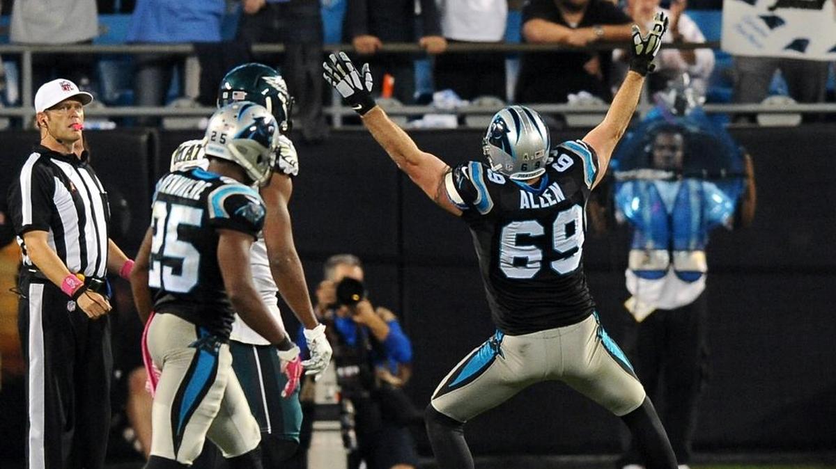 Panthers defensive end Jared Allen, celebrates his sack of Philadelphia Eagles quarterback Sam Bradford.