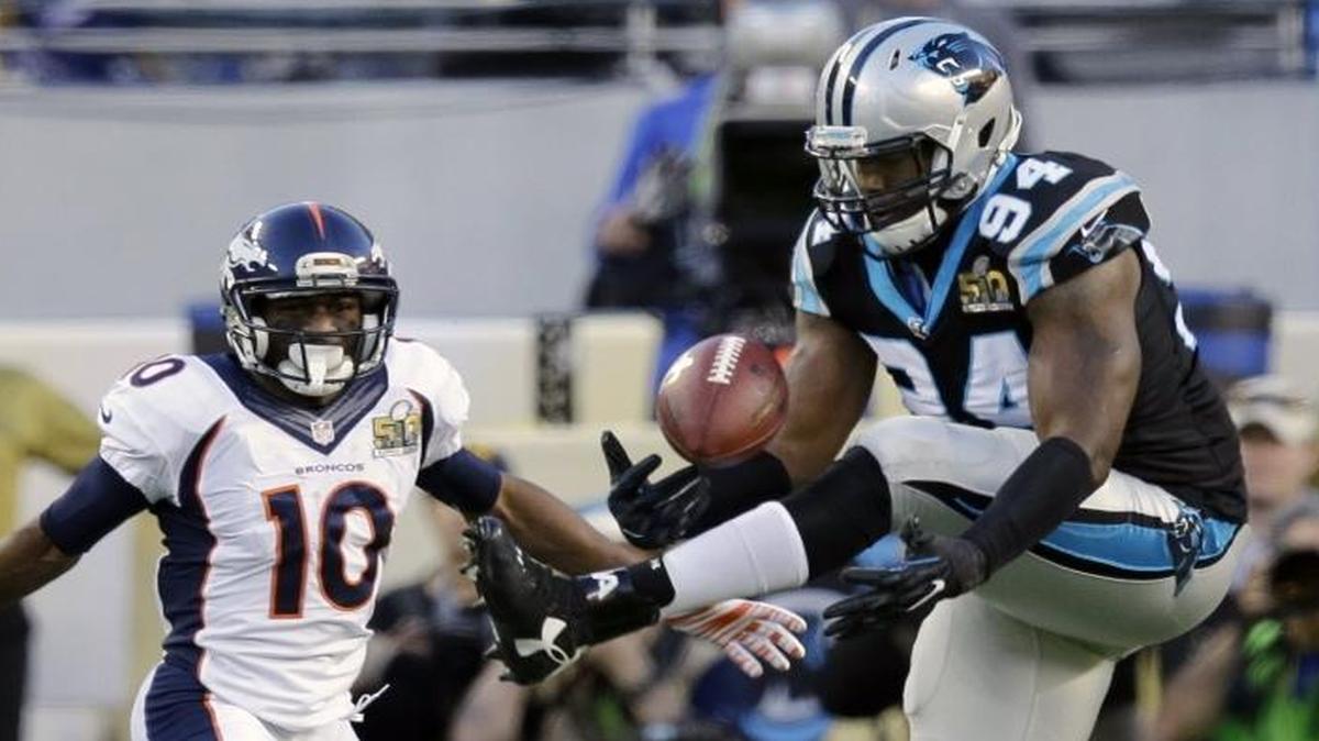 Carolina Panthers defensive end Kony Ealy (94) intercepted a pass from Peyton Manning as part of his breakout performance in Super Bowl 50.