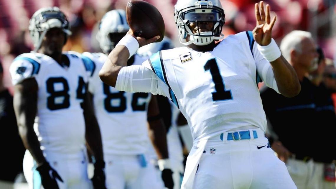 Carolina Panthers quarterback Cam Newton (1) throws downfield during warmups prior to playing the Tampa Bay Buccaneers at Raymond James Stadium in Tampa, FL on Sunday, January 1, 2017.
