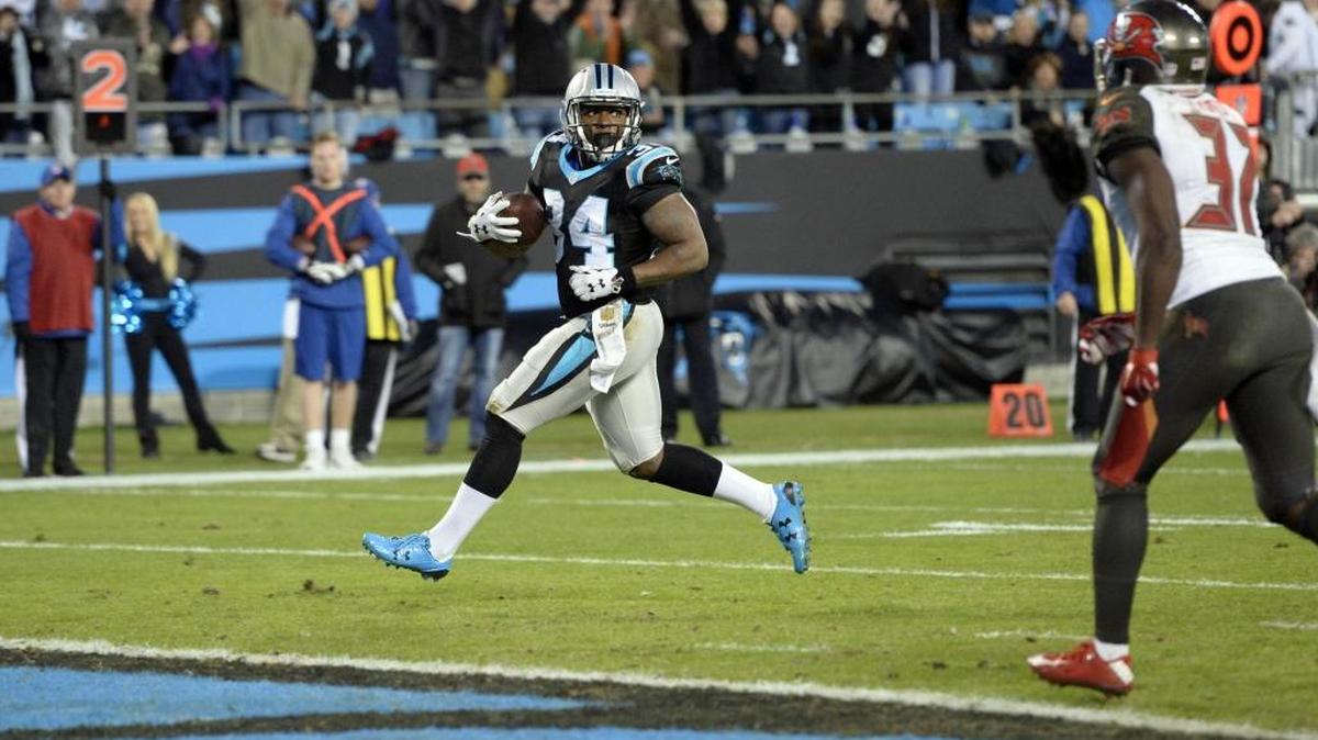 Carolina Panthers’ Cameron Artis-Payne (34) heads into the end zone for a touchdown past Tampa Bay Buccaneers' Keith Tandy (37) in the second quarter at Bank of America Stadium on Jan. 3, 2016.