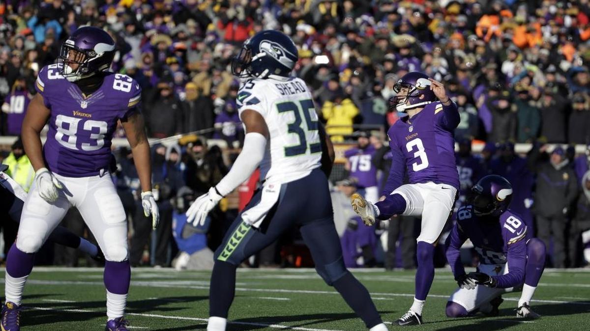 Minnesota Vikings kicker Blair Walsh (3) watches as he misses a field goal during the second half of Sunday’s NFL wild-card football game against the Seattle Seahawks in Minneapolis. The Seahawks won 10-9 and will play the Carolina Panthers next Sunday in Charlotte.