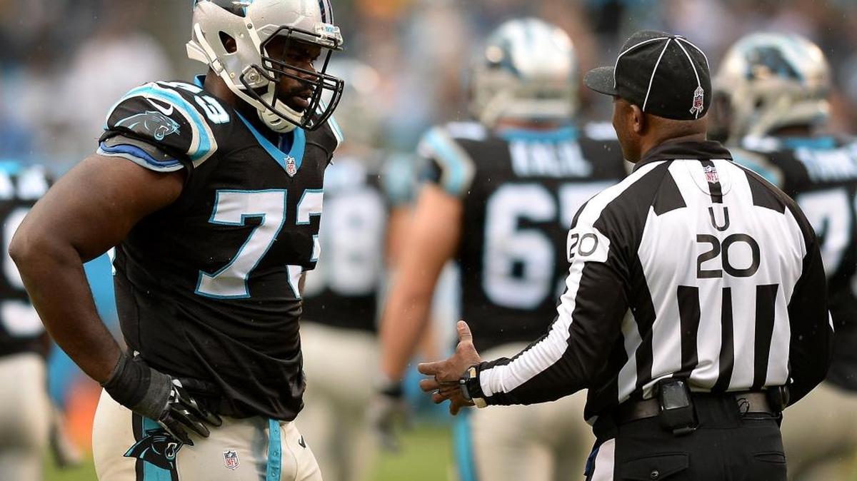 Carolina tackle Michael Oher, left, has played well with the Panthers after a lost season with the Tennessee Titans.