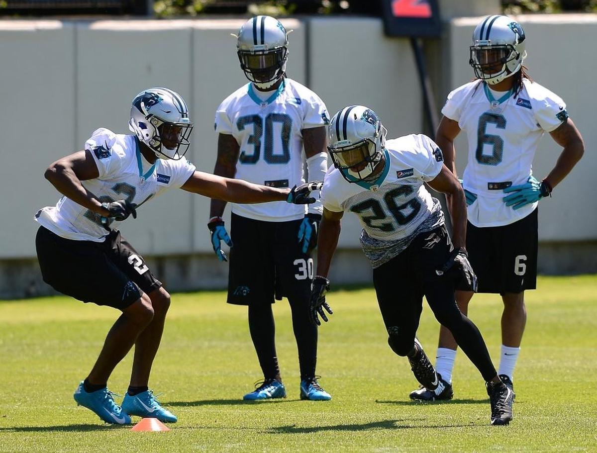 Carolina Panthers cornerbacks James Bradberry, left and Daryl Worley, right, run through a drill at practice. The depth behind the two corners has the opportunity to step up during minicamp this week.
