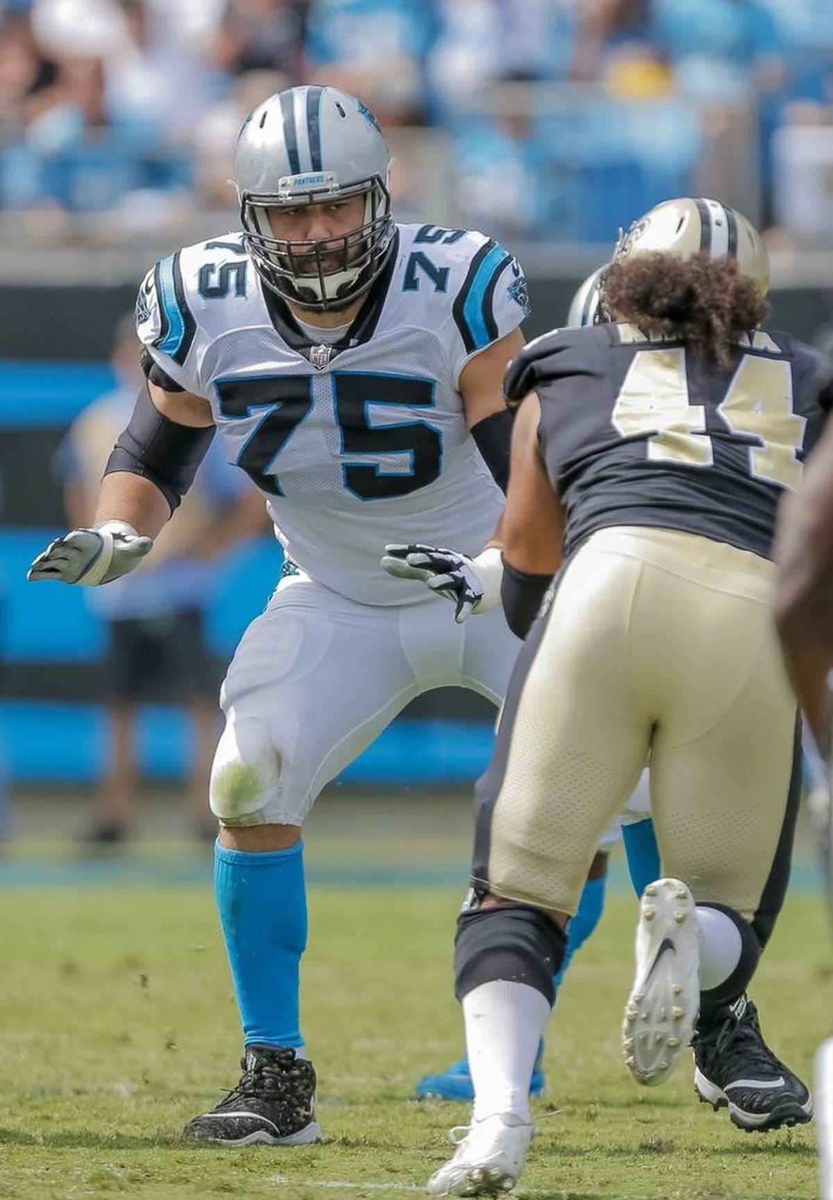 Carolina Panthers' Matt Kalil (75) gave up two sacks in a Week 3 game against the New Orleans Saints, prompting some to question his value at left tackle despite his $55.5 million contract.