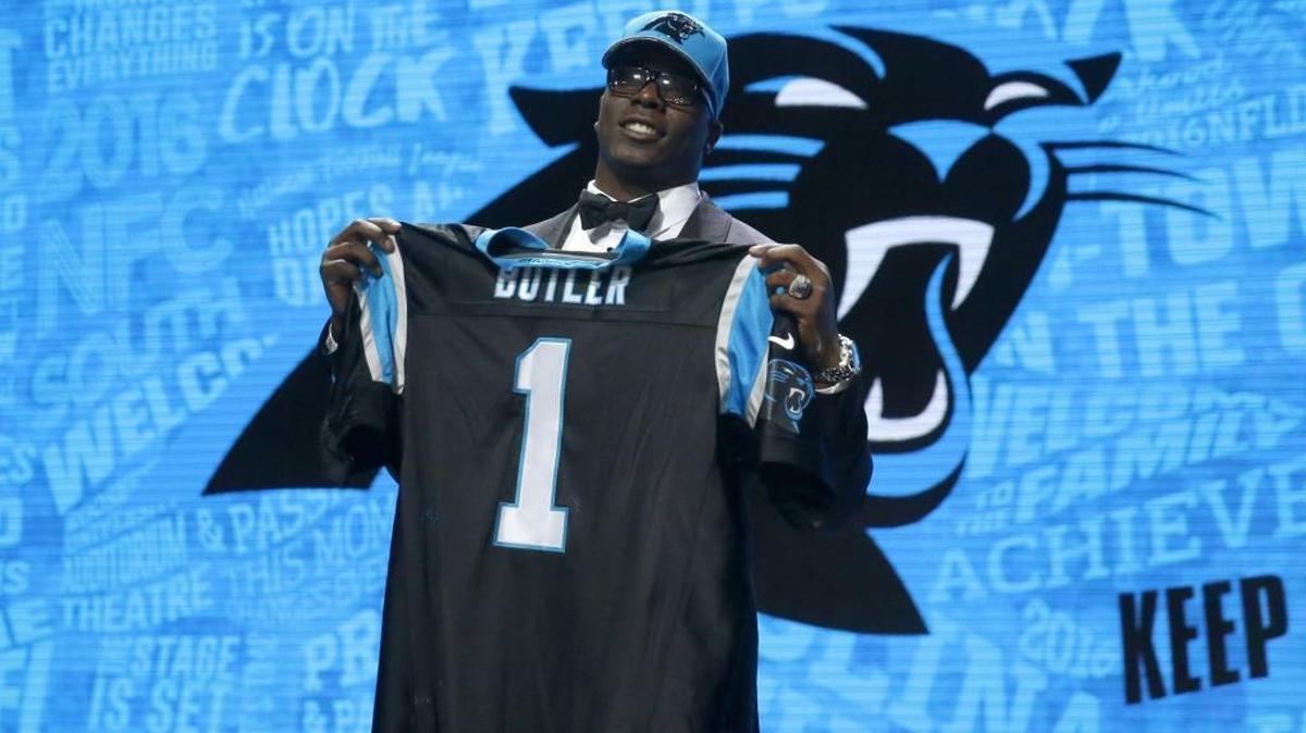 Louisiana Tech’s Vernon Butler poses for photos after being selected by the Carolina Panthers as the 30th pick in Thursday’s first round of the 2016 NFL football draft in Chicago.