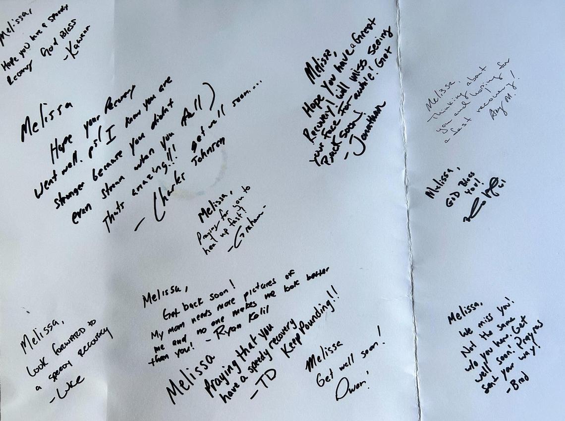 Members of the 2015 Panthers filled a get-well card with messages to Melissa after her fall.
