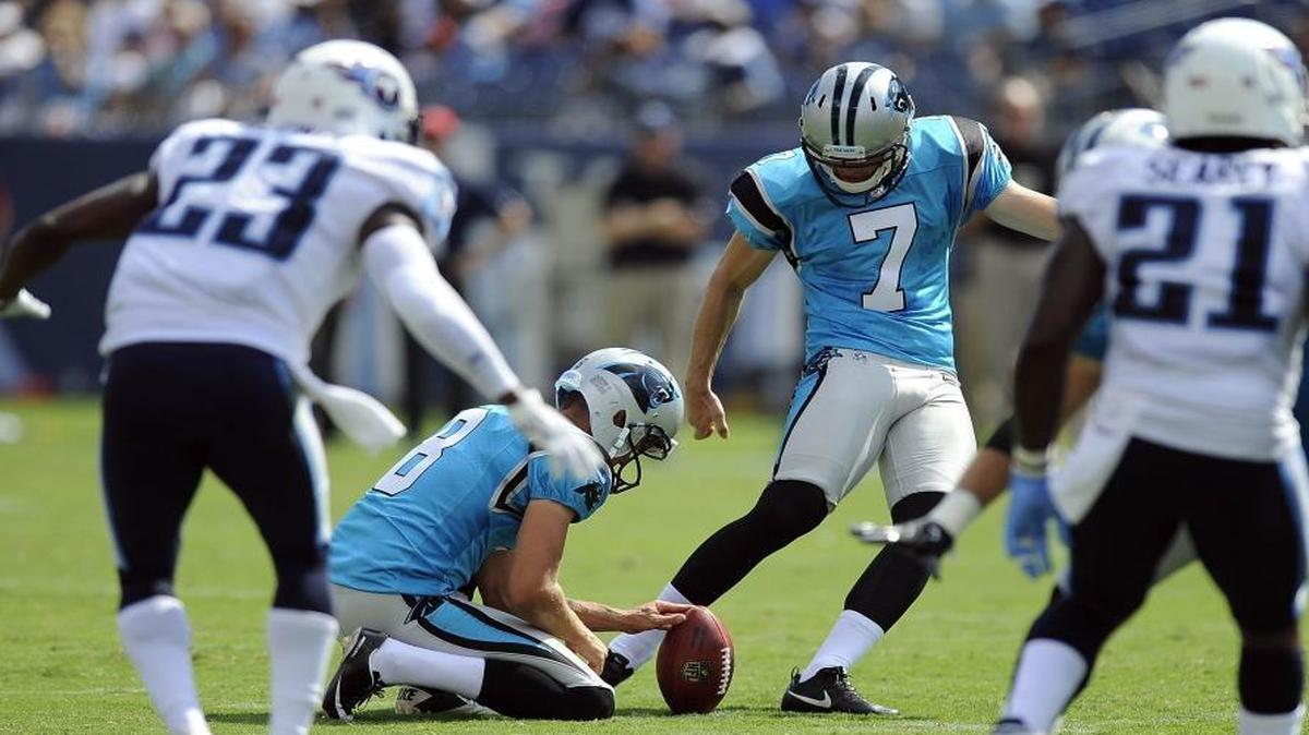 The Carolina Panthers spent a draft pick on former Georgia Tech kicker Harrison Butker (7), who has performed well in training camp and exhibition games in competition with veteran Graham Gano.