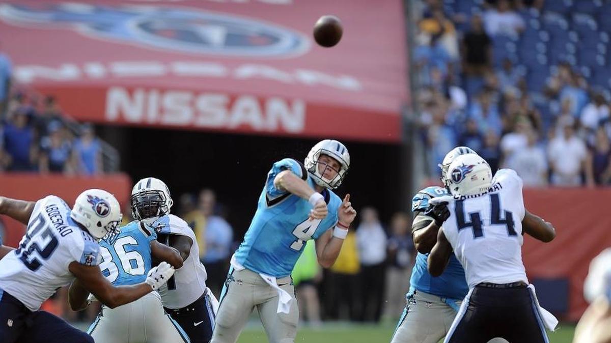 Carolina Panthers No. 3 quarterback Garrett Gilbert (4) could move up a slot in the pecking order if the team doesn’t re-sign Derek Anderson – and maybe even if Carolina does.