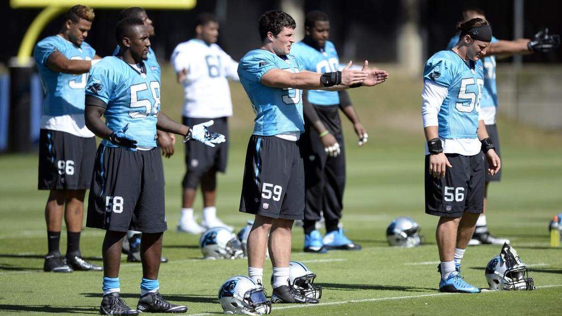 
Just as Carolina Panthers linebacker Luke Kuechly (59) comes out of the NFL’s concussion protocol, A.J. Klein (56) goes in. Klein was limited Wednesday during the team’s practice. 
