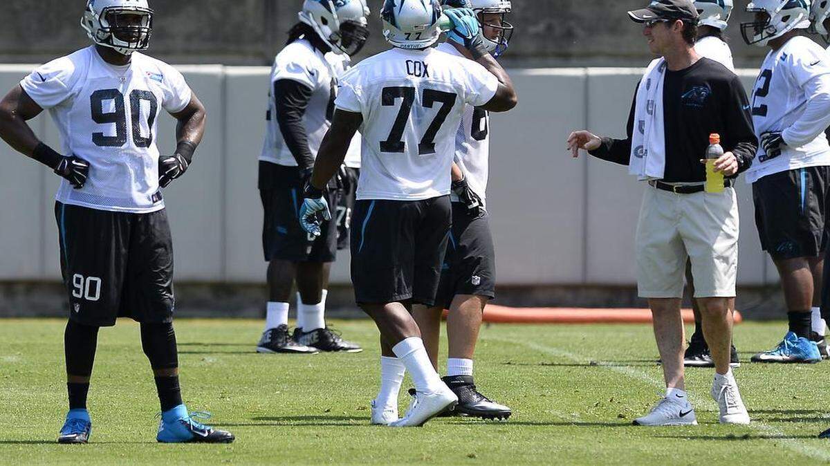 
Carolina Panthers defensive end Frank Alexander (90), couldn’t join his teammates on the practice field in 2014, when he was suspended for 14 games because of marijuana use. Now that he’s back on the field, starting with last week’s OTAs, he wants to seize what might be his last opportunity. 
