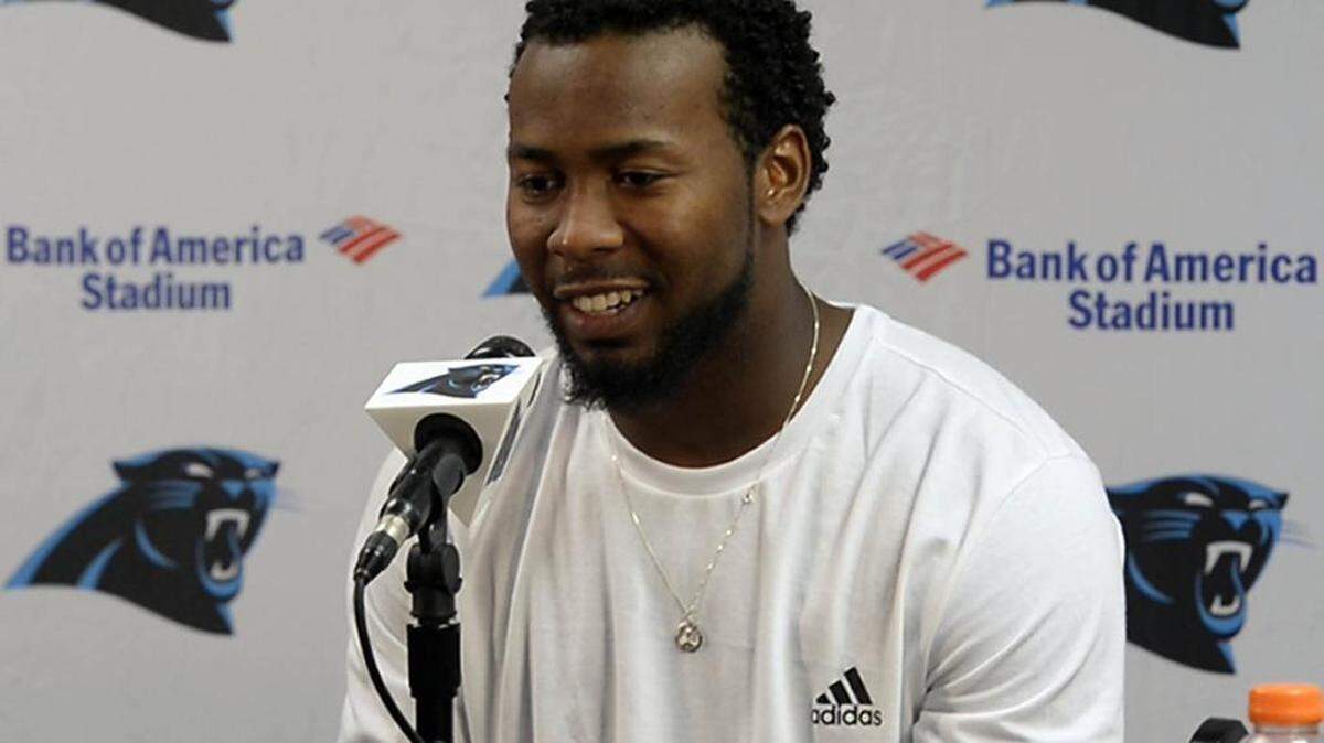 
Carolina Panthers' Josh Norman (24) talks to the media after morning practice at Carolina Panthers Training Camp at Wofford College in Spartanburg, SC on Wednesday, August 12, 2015. 
