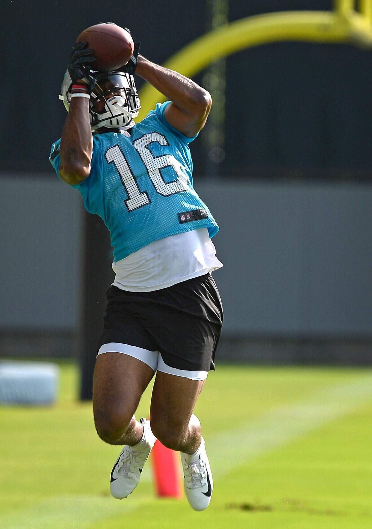 Carolina Panthers wide receiver Rasheed Bailey catches a pass in an end zone from quarterback Cam Newton during a team OTA practice on Thursday, June 14, 2018.