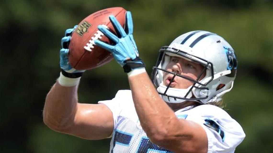 Carolina Panthers linebacker David Mayo (55) makes a reception during training camp at Wofford College last week.