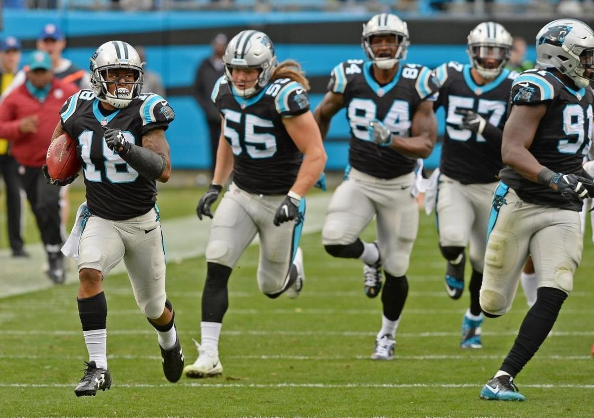 Carolina Panthers Damiere Byrd (far left) runs back a Tampa Bay Buccaneers kickoff for 103 yards and a touchdown while flanked by a battalion of blockers. It was the longest kickoff return TD in Panthers history.