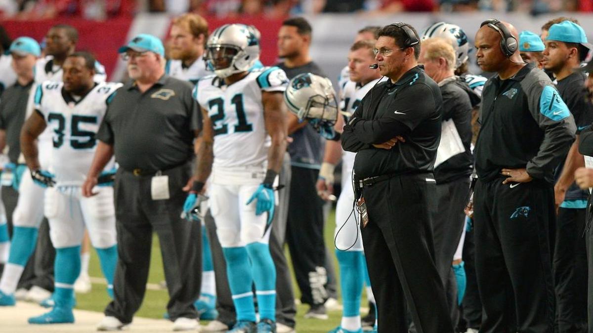 Carolina Panthers head coach Ron Rivera (with clipboard) said he doesn’t like the fact that his team’s game against Tampa Bay on Sunday has been flexed to a later start time.