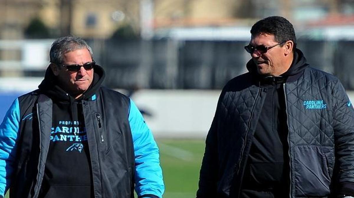 Carolina Panthers general manager Dave Gettleman, left, and head coach Ron Rivera, right, skipped LSU running back Leonard Fournette’s pro day on Wednesday in Baton Rouge.