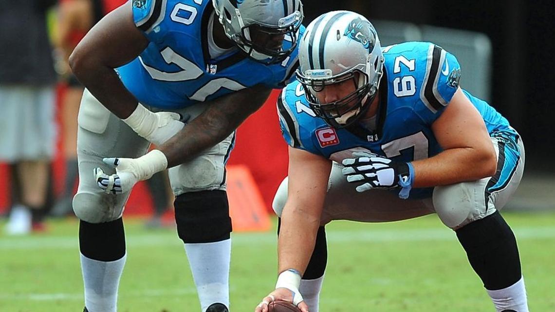 Carolina Panthers center Ryan Kalil (right) will be back to make the line calls on Sunday against the Green Bay Packers, but he and guard Trai Turner, left, will be without left guard Andrew Norwell (hamstring), who will be replaced by Amini Silatolu.