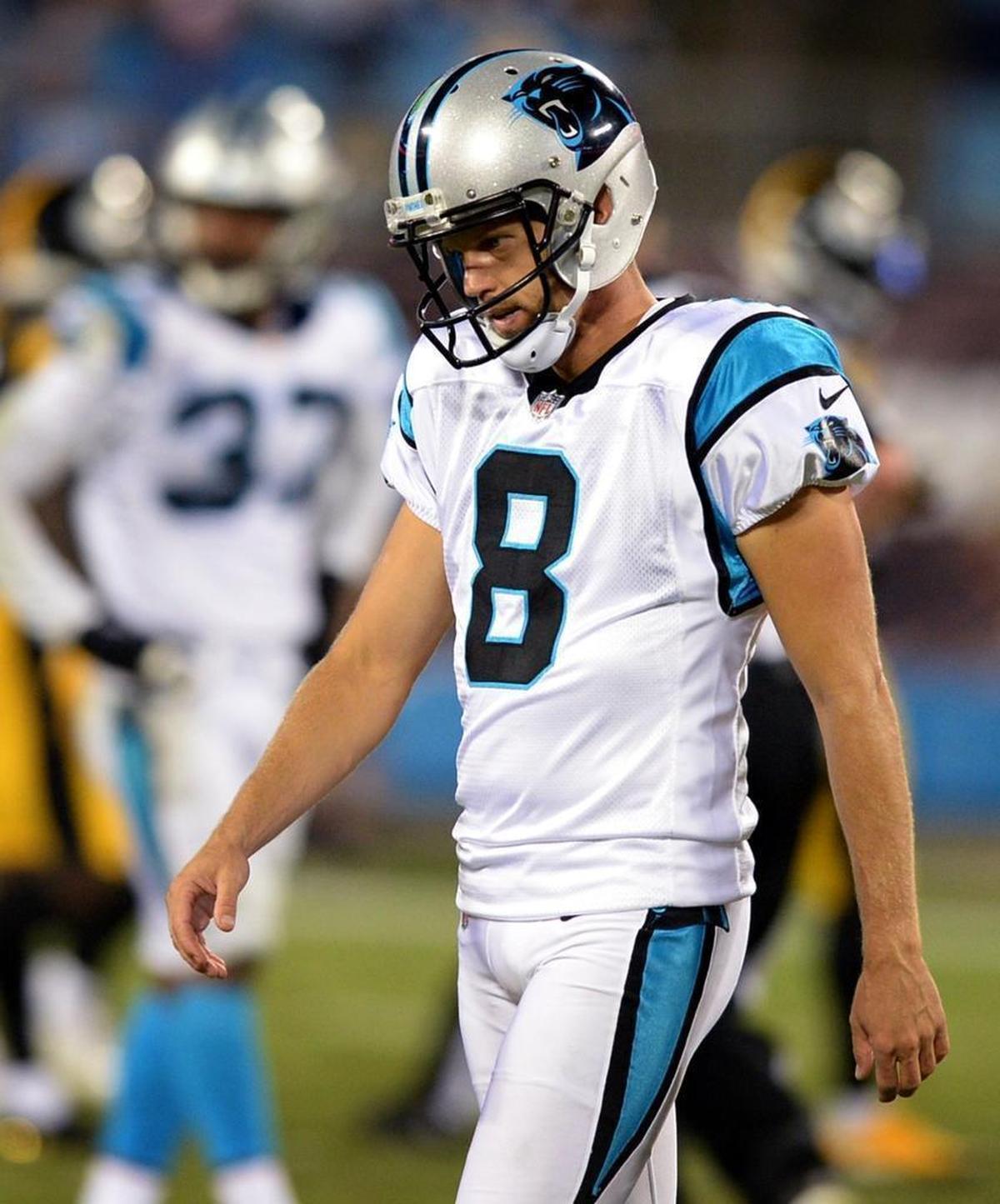 Carolina Panthers punter Andy Lee walks off the field frustrated following a punt during the fourth quarter of Thursday’s exhibition against the Pittsburgh Steelers at Bank of America Stadium in Charlotte.