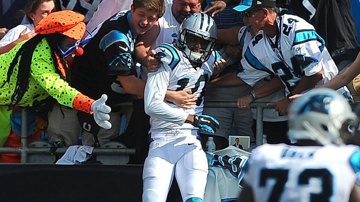 
Carolina Panthers wide receiver Philly Brown is congratulated by the fans after he leapt into the stands as he celebrated his touchdown pass reception from quarterback Cam Newton during fourth quarter action vs the Houston Texans at Bank of America Stadium in Charlotte, NC on Sunday, September 20, 2015. The Panthers defeated the Texans 24-17.
