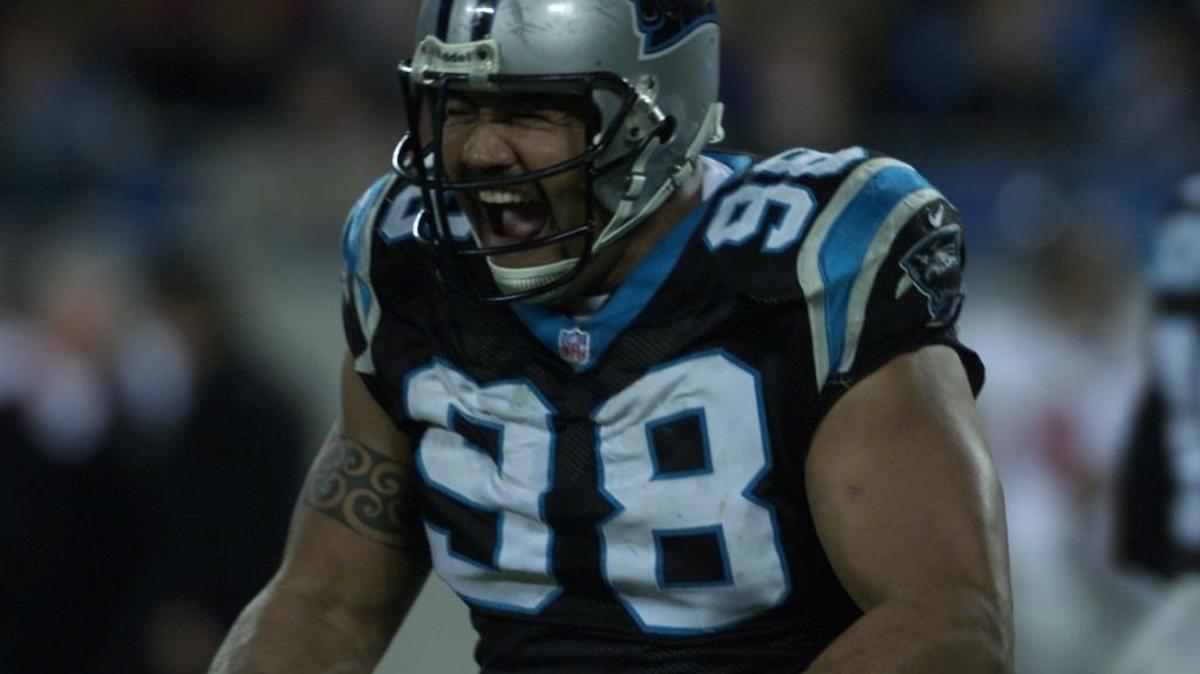 Carolina Panthers Esera Tuaolo celebrates a sack during a 1999 game against the Atlanta Falcons. Tuaolo auditioned for NBC’s “The Voice” Monday night.