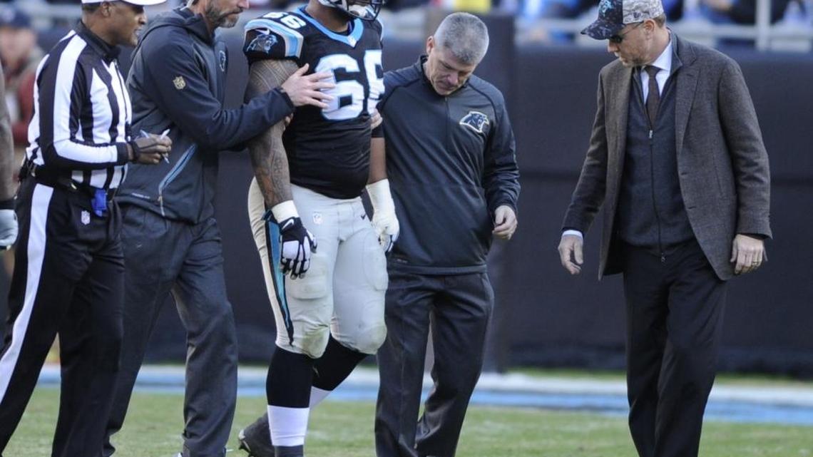 Carolina Panthers offensive lineman Amini Silatolu (66) suffered a torn ACL in his left knee Sunday against Washington and will miss the rest of the season. The team placed him on injured reserve.