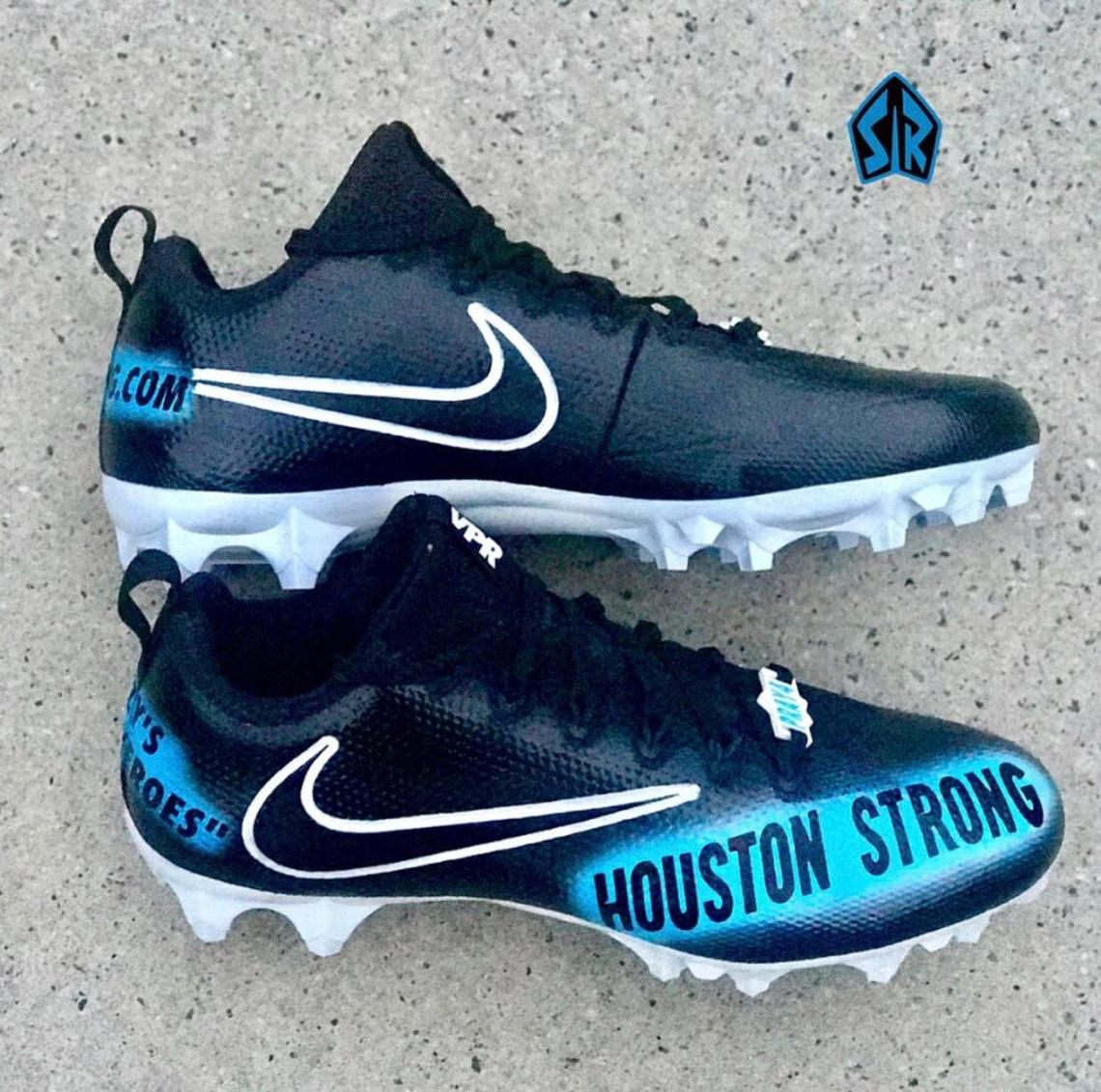 Carolina Panthers running back Fozzy Whittaker wore these cleats to help drum up support for the victims of Hurricane Harvey, which destroyed his hometown of Houston, Texas.