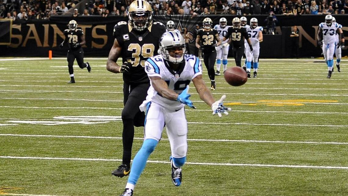 Carolina Panthers' Ted Ginn, Jr. (19) misses the ball on a long pass play during the third quarter as New Orleans Saints' Brandon Browner (39) trails behind at the Mercedes-Benz Superdome on Sunday, December 6, 2015. The Panthers won 41-38, and improve to 12-0.