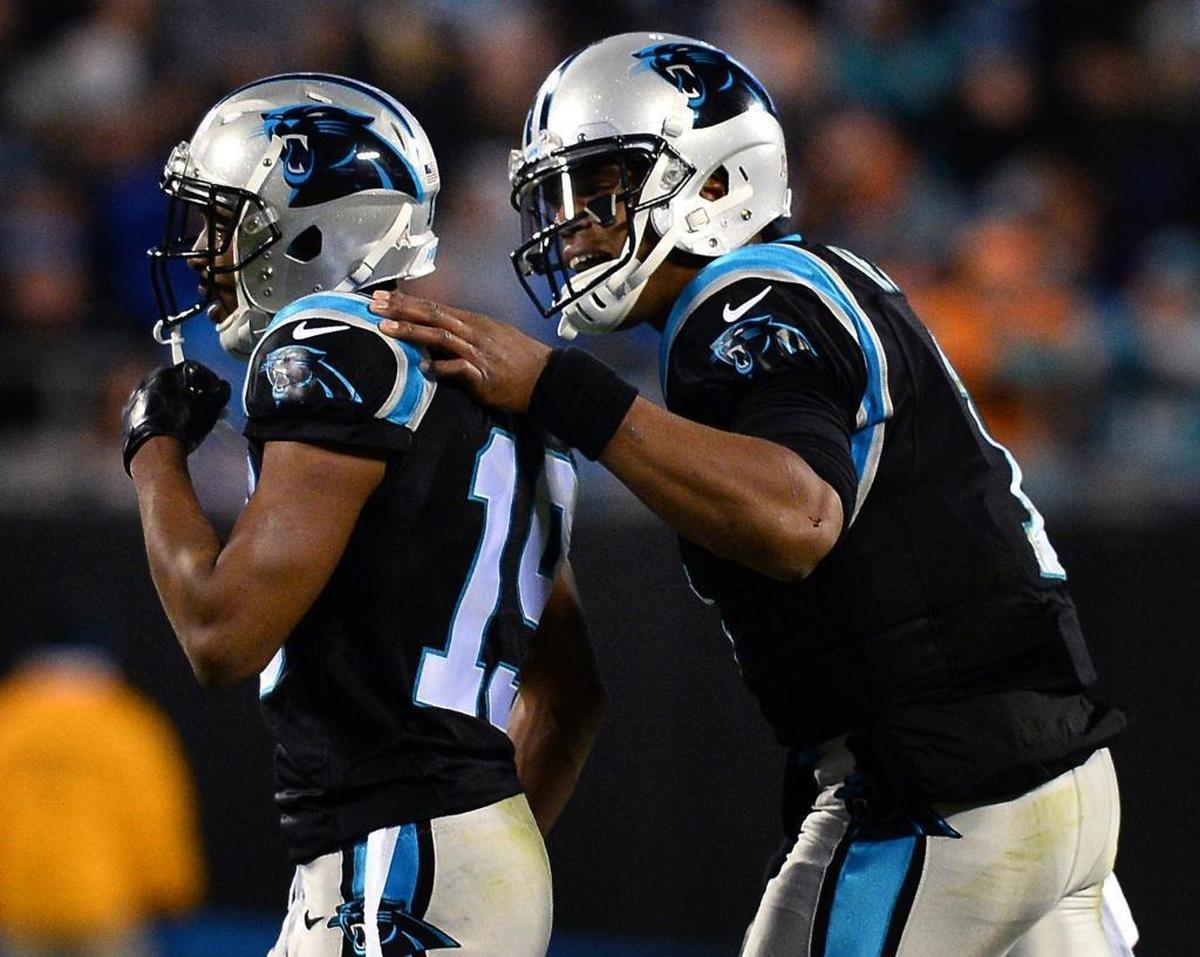 “You’ve got a lot of hungry guys in that receiver room right now ready to prove themselves – proving it to the outside world rather than proving it to themselves and this team is more important,” said Carolina Panthers quarterback Cam Newton, at right, with wide receiver Russell Shepard.