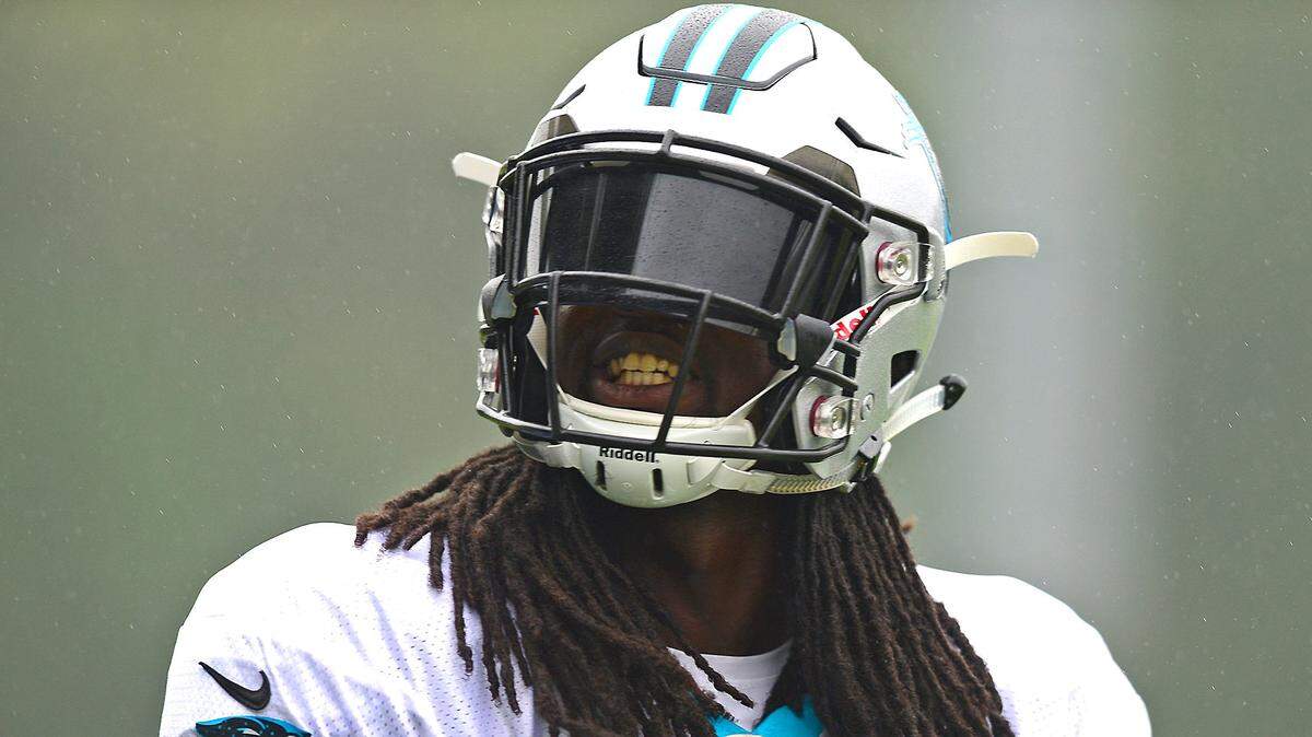 Carolina Panthers cornerback Donte Jackson celebrates a defensive play during practice on Wednesday, August 1, 2018 at Wofford College in Spartanburg, SC.