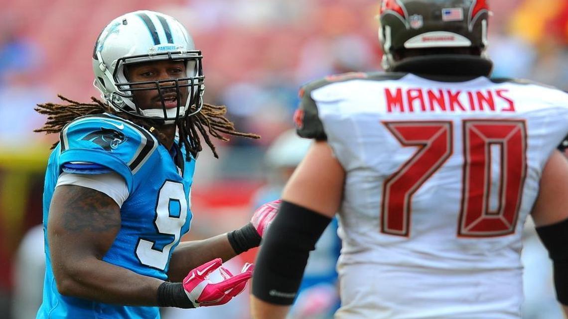 
Carolina Panthers defensive end Ryan Delaire, left, introduced himself to the Carolinas, and everyone else, with a two-sack outing against the Tampa Bay Bucs in Week 4. 
