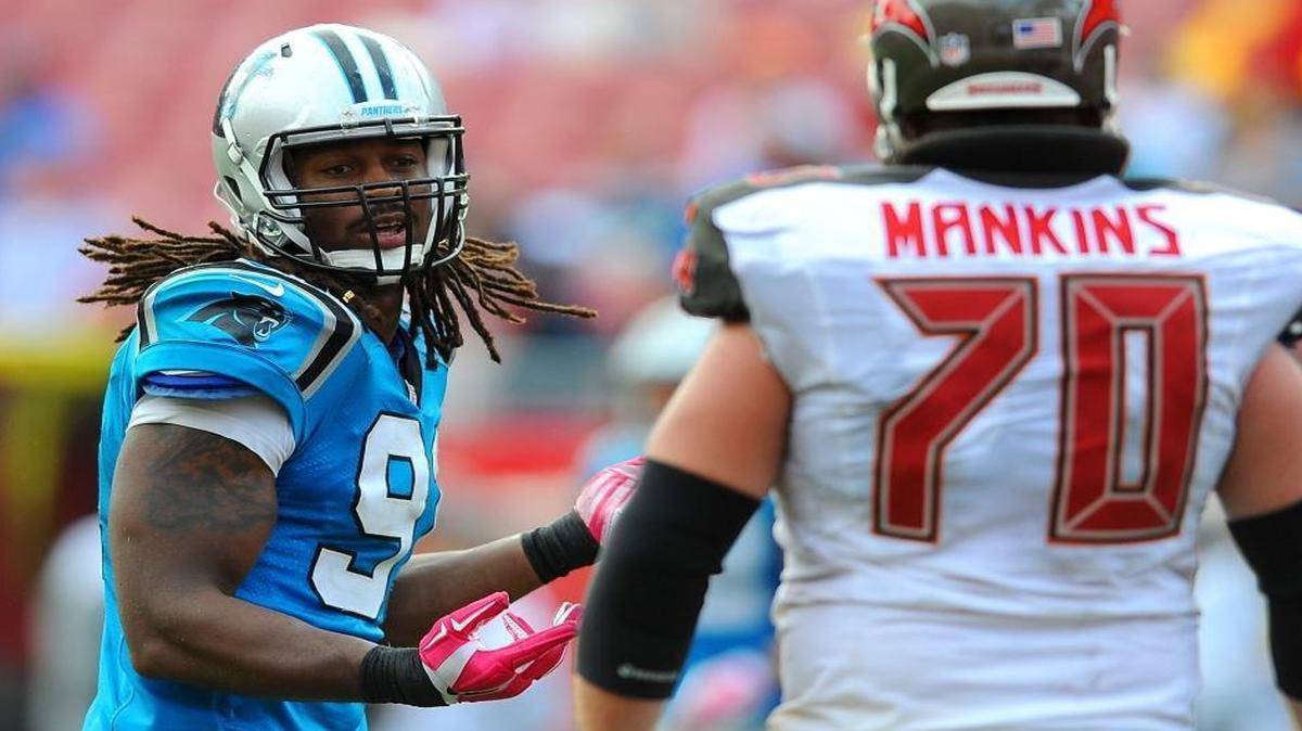 
Carolina Panthers defensive end Ryan Delaire, left, introduced himself to the Carolinas, and everyone else, with a two-sack outing against the Tampa Bay Bucs in Week 4. 
