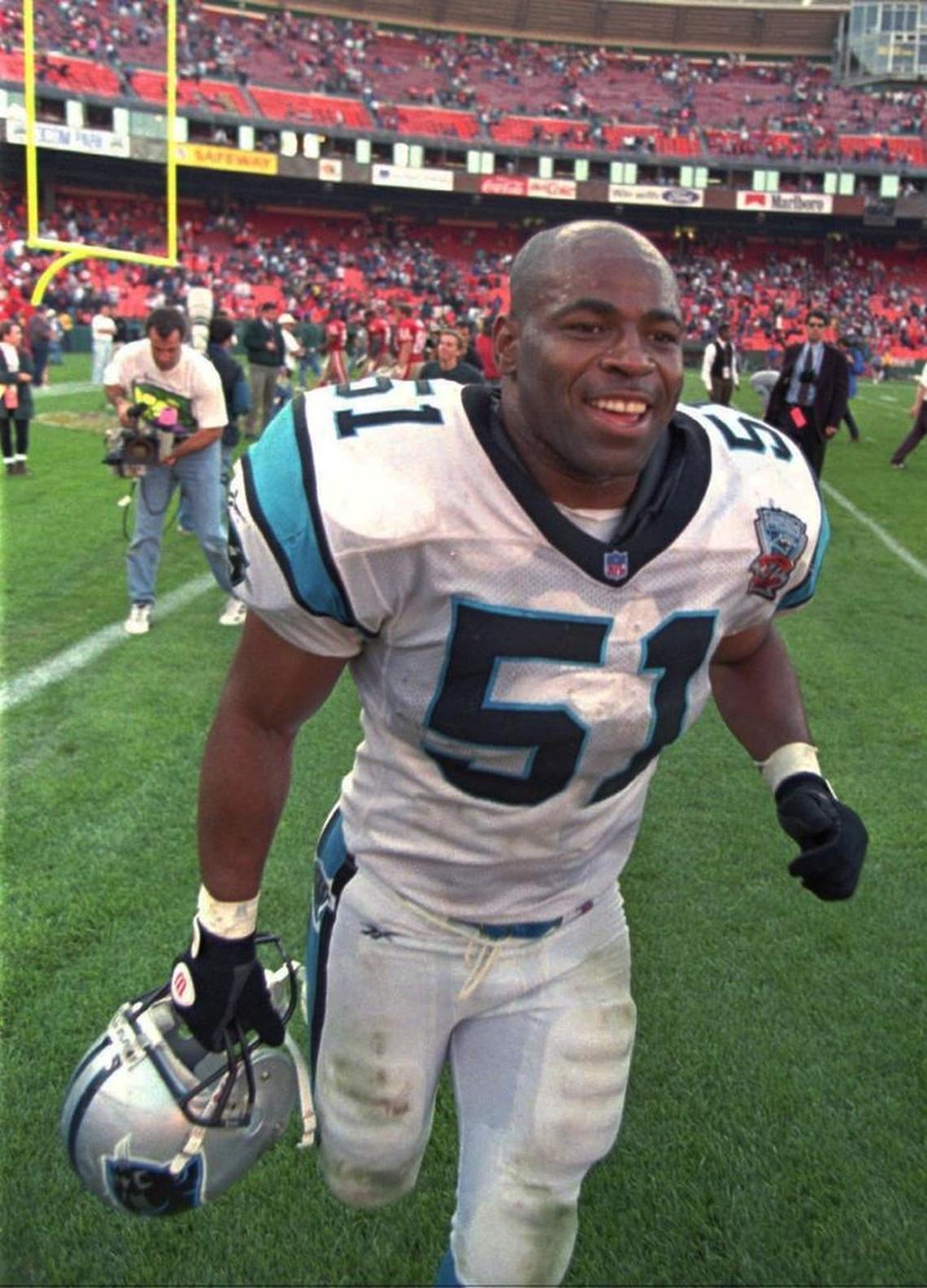 The late Sam Mills (51) played for the Panthers in their first three seasons. He later became an assistant coach for the team, and the author of the club’s “Keep Pounding” slogan.