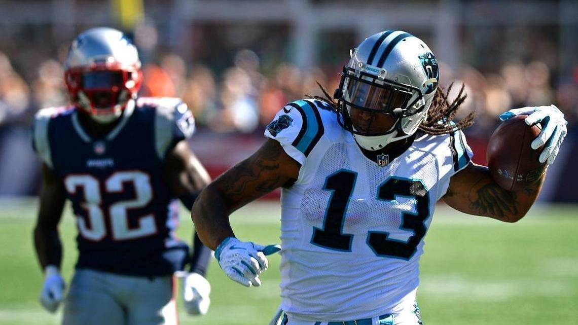 Carolina wide receiver Kelvin Benjamin in 2017 in one of the last games he played for the Panthers, running with a catch against New England.