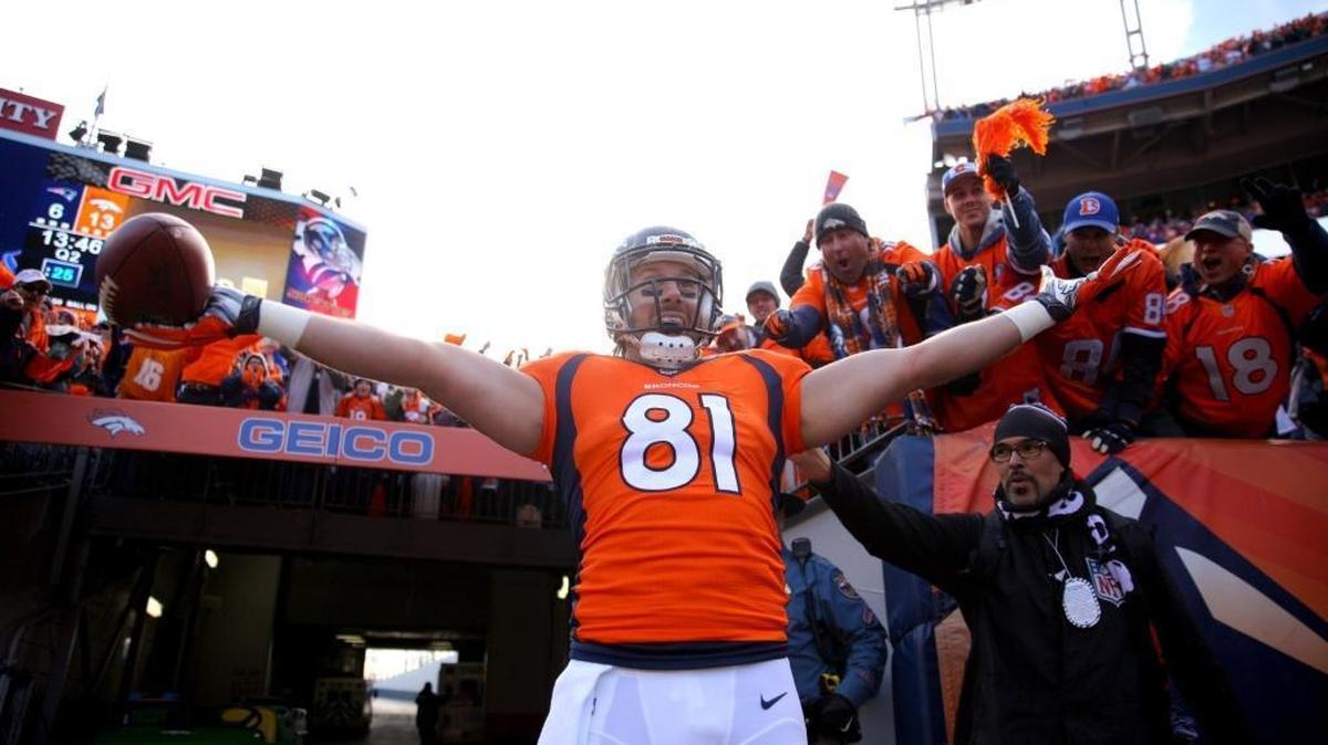 Denver Broncos tight end Owen Daniels celebrates the second of his two touchdown receptions in Sunday’s AFC Championship victory against New England.